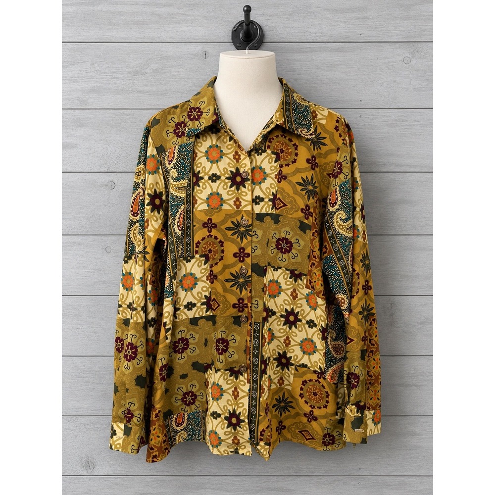 Susan Graver Style Boho Button Up Top XL Gold Patchwork Paisley Long Slv A13869